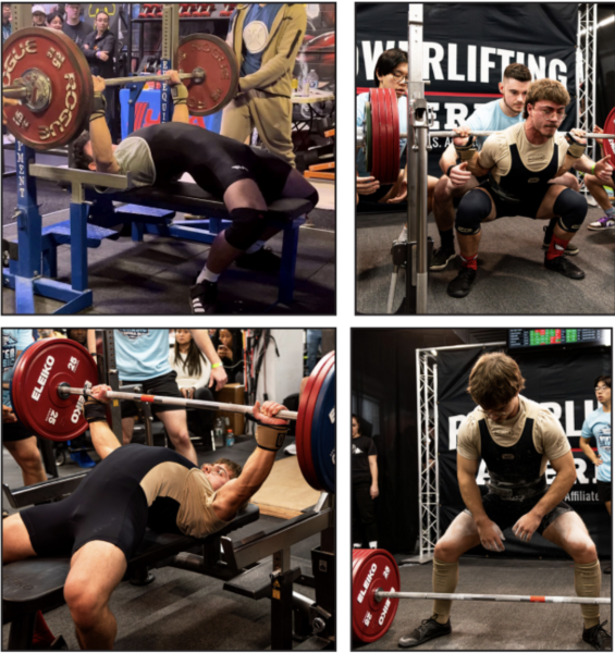 East seniors Max Swartz (top left) and Elliot Sykes compete in powerlifting competitions.